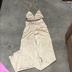 Beige Two-Piece Set with Halter Top and Pants